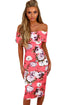 Sexy Pink Multi Floral Bardot Bodycon Midi Dress